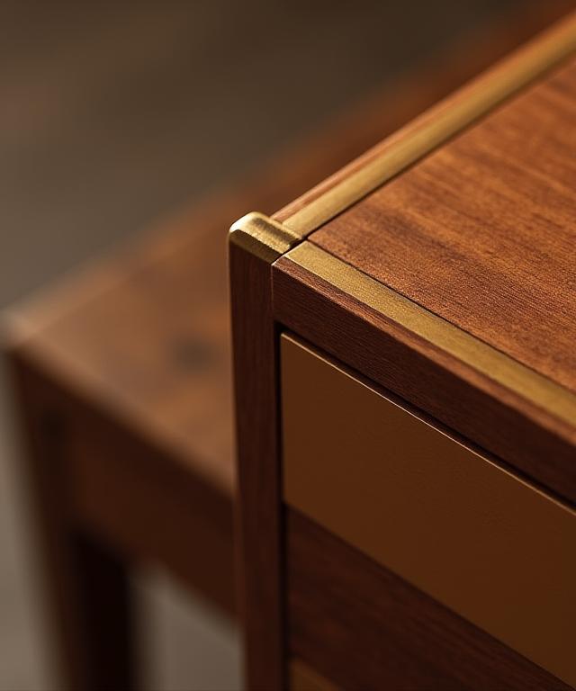Détail d'un meuble en bois noble fabriqué sur mesure avec des finitions en laiton.