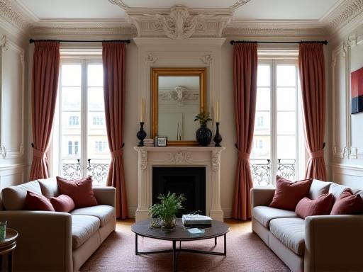 Salon d'un appartement Haussmannien rénové avec moulures d'origine et mobilier contemporain.