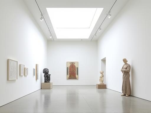 Galerie d'art contemporain aux murs blancs épurés et éclairage zénithal, présentant des sculptures modernes.