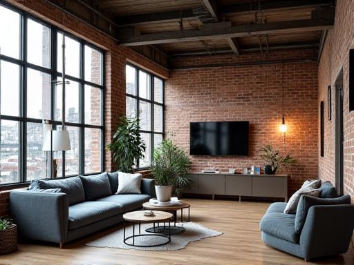 Espace de vie ouvert dans un loft avec mur de briques et grande verrière d'atelier.