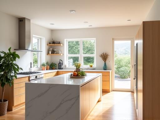 Cuisine ouverte et lumineuse d'une maison familiale avec îlot central en quartz et éléments en bois clair.