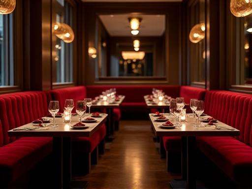 Salle d'un restaurant gastronomique avec éclairage tamisé, banquettes en velours et tables en bois sombre.