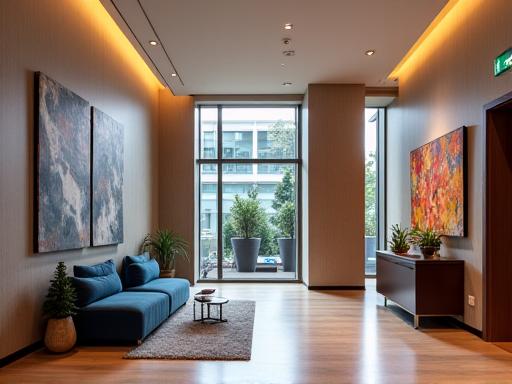 Espace de réception élégant dans un siège social moderne avec œuvres d'art et mobilier design.