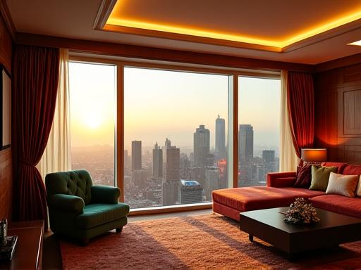 Suite présidentielle d'hôtel de luxe, décorée avec des étoffes soyeuses, des boiseries et une vue panoramique sur la ville.
